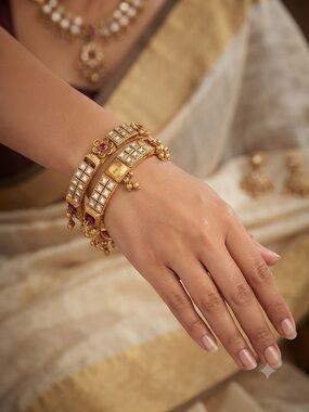 Gold Kundan Floral Bangle Set with Ruby Accents - Women Jewelry